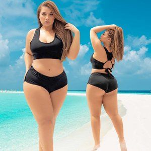 Plus Size Black Bikini Set Classic Tie Back High Waist Sporty Swimwear 1x 2x